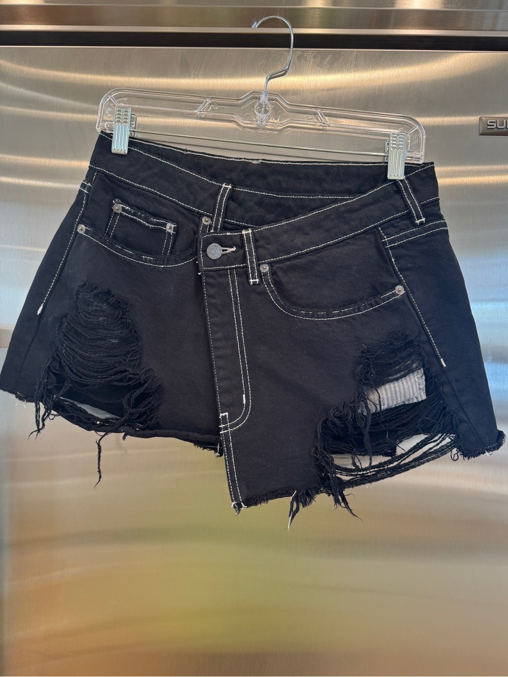 Carmar LF Asymmetrical Black Denim Mini Skirt Distressed Jean Skirt